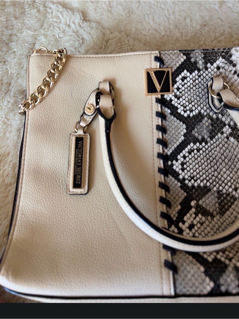 Victoria's Secret Cream Satchel with Snake-Print Accent and Gold Chain Strap - Picture 8 of 10